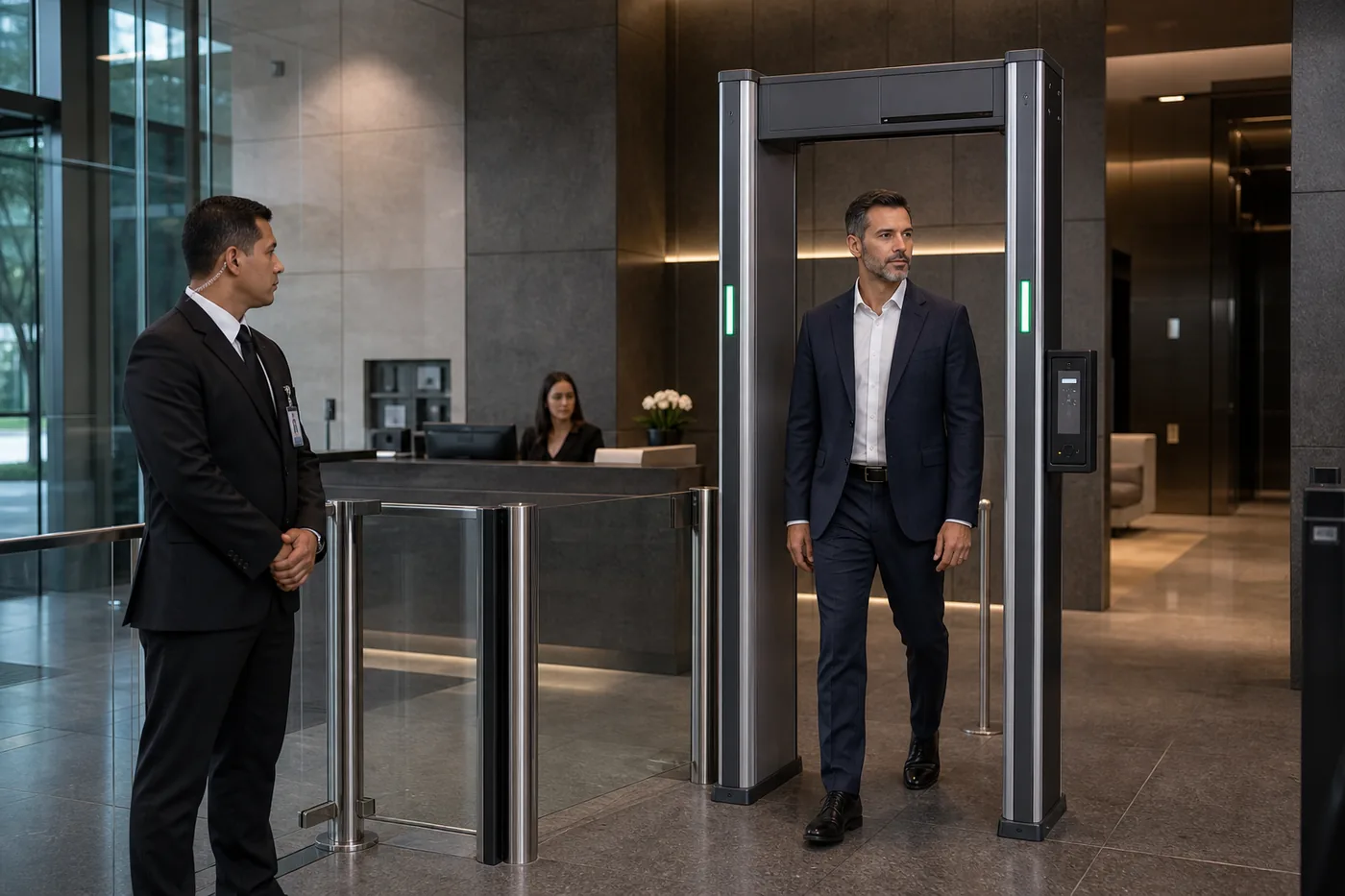 Portal detector de metais instalado em uma recepção corporativa