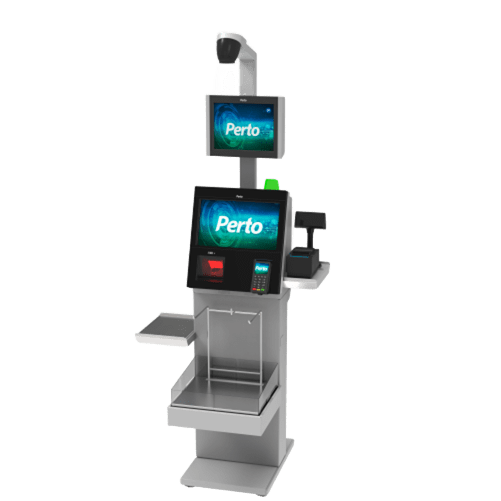 Self-checkout com monitor horizontal e balcão frontal